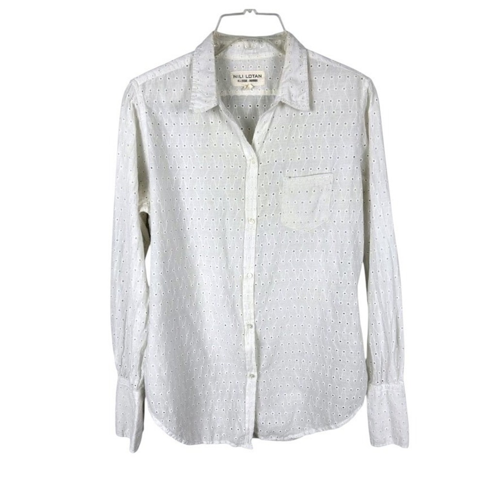 Nili Lotan White Eyelet Cotton Button Down Long Sleeve Blouse M - Picture 2 of 7